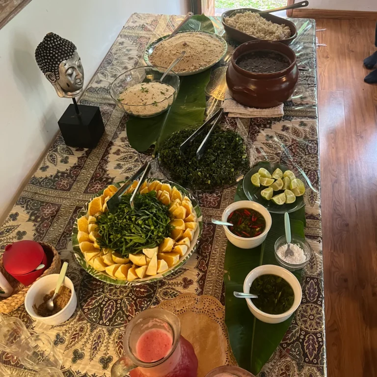 Mesa de alimentação vegetariana servida durante retiro na Flor de Maria