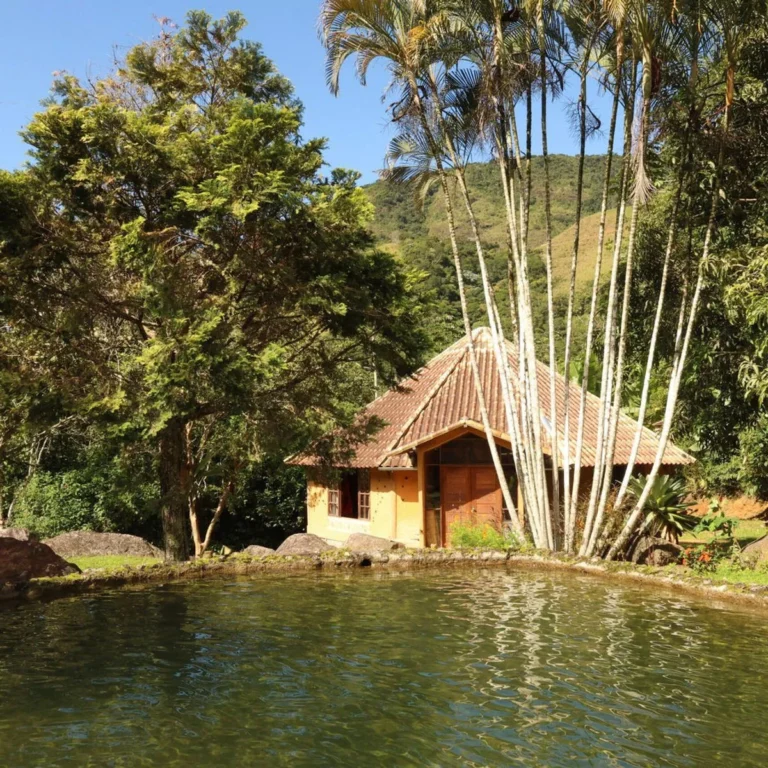 Lago e chalé cercados pela Mata Atlântica na Flor de Maria, Sana RJ